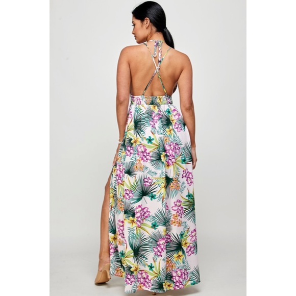 Purple Tropical Floral Palm Vacation Cruise Summer Sexy Slit Maxi Halter Dress - Picture 5 of 5